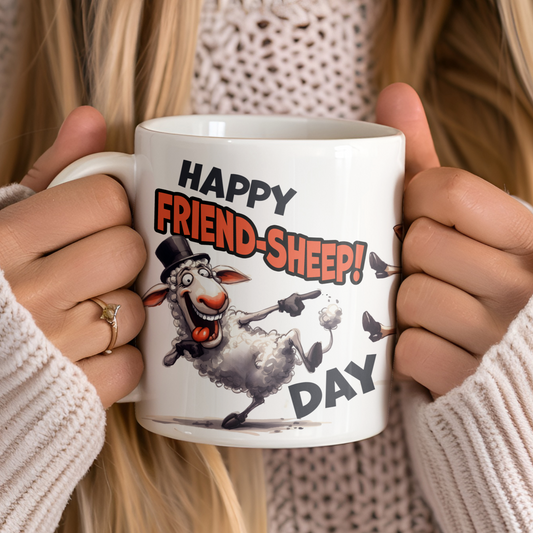 "Happy friend-sheep day. May it get baah-ter with age." White glossy mug