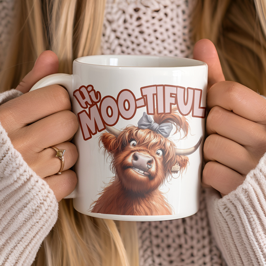 "Hi Moo-tiful." Funny Cow. White glossy mug